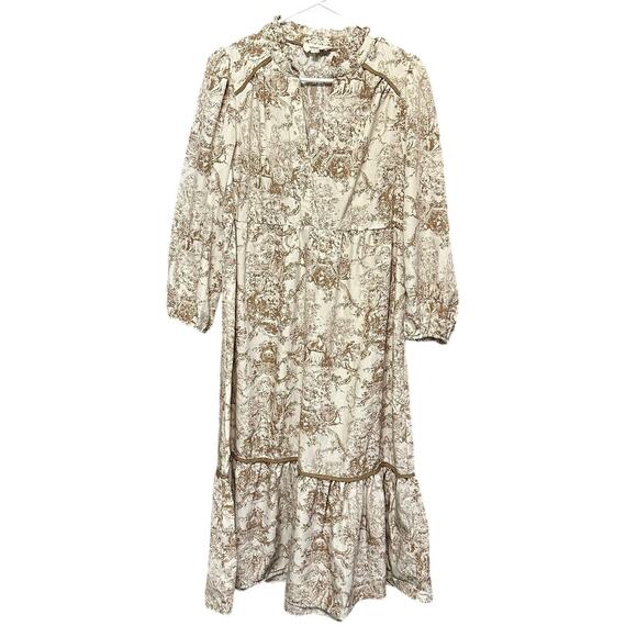 Umgee Women's Toile Print Tiered Midi Dress Boho L/S Ruffle Neckline Medium - Picture 1 of 6
